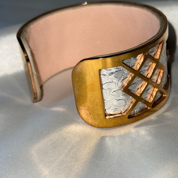 Modern Rose Gold & Silver Tone Snakeskin Textured Lattice Cuff Bracelet - Picture 5 of 11